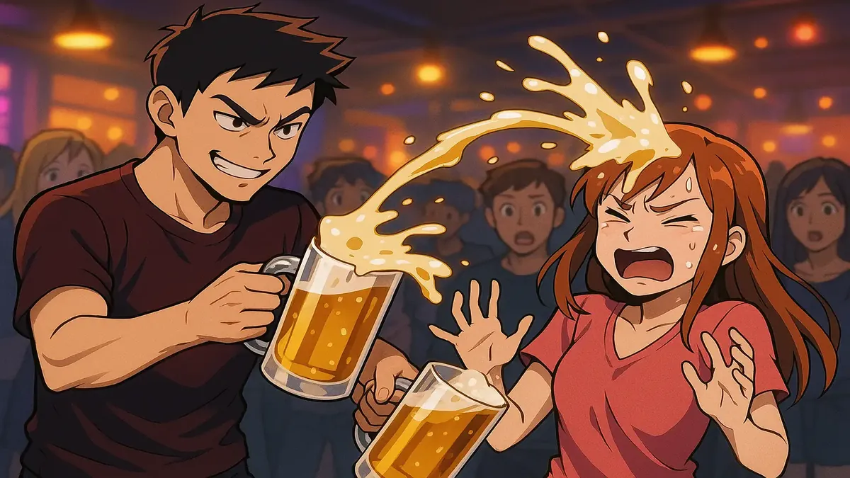 एक छात्र की एनिमे शैली की चित्रण, जो एक जीवंत यूके नाइटक्लब में मस्ती से प्रतिशोध की योजना बना रहा है।