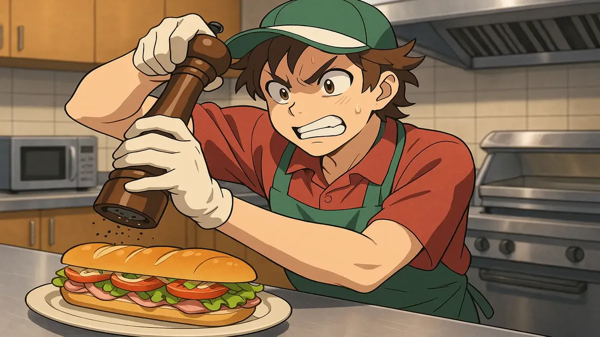 एक एनिमे-शैली की चित्रण जिसमें एक खाद्य सेवा कर्मचारी QuickChek में पेपर के साथ सब सैंडविच बना रहा है।