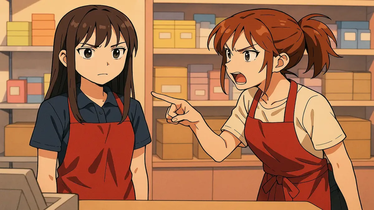 एक युवा महिला जो दुकान के काउंटर के पीछे खड़ी है, confused और unsure दिख रही है।