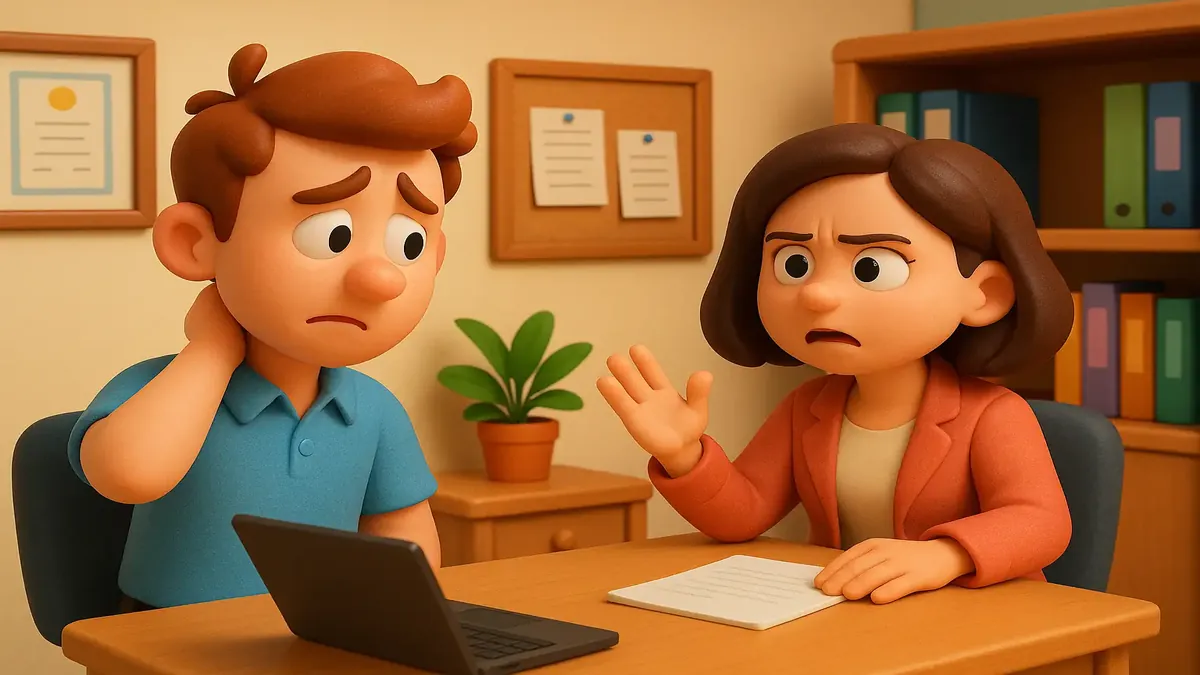 धोखाधड़ी के कारण 50% वेतन कटौती की खबर सुनकर चौंके हुए कर्मचारी की कार्टून-3D चित्रण।