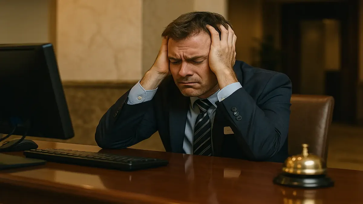 लॉबी में खड़ा निराश फ्रंट डेस्क एजन्ट, प्रबंधन के नए पेशेवर नियमों पर सवाल उठाता हुआ।