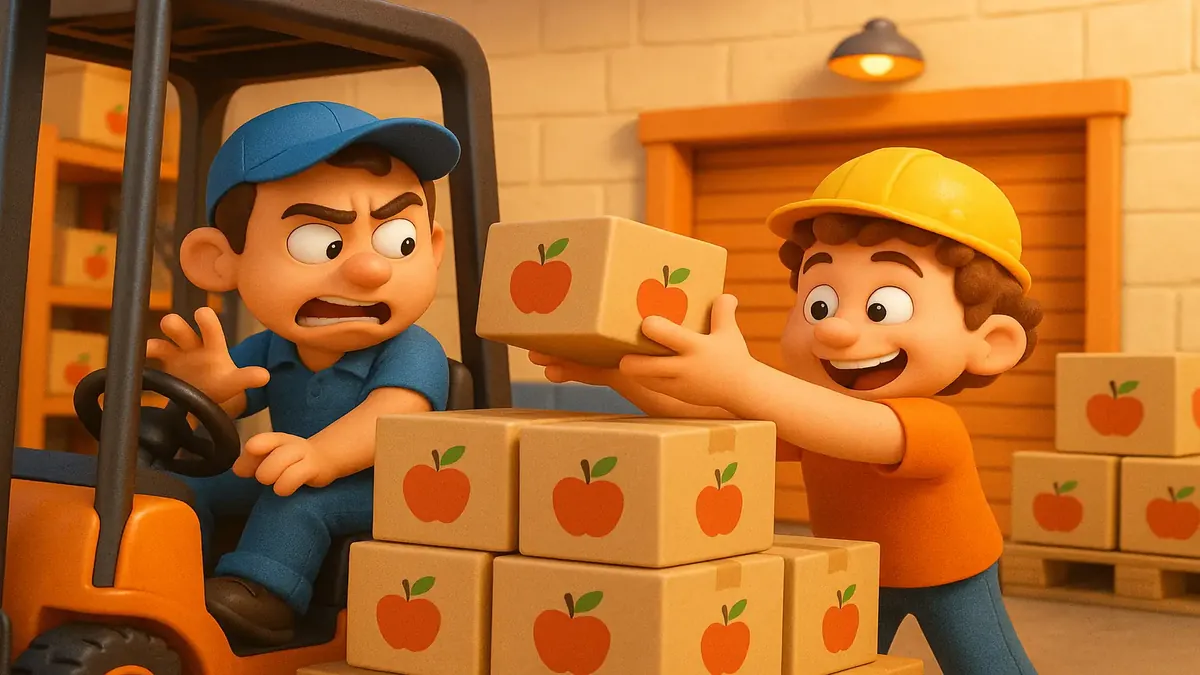 फलों के डिब्बों और फोर्कलिफ्ट के साथ व्यस्त लोडिंग डॉक का कार्टून 3D चित्र, पैकिंग प्लांट का दृश्य दर्शाता है।