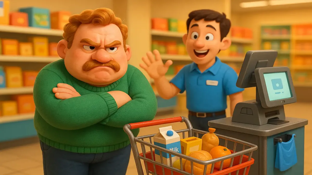 खुद-सेवा चैकआउट पर फंसे एक निराश आदमी का कार्टून 3डी चित्र, चारों ओर बिखरे सामान और अराजकता के साथ।