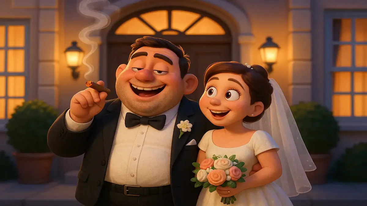 ஒரு ஹோட்டல் முன் இரவு நடந்த noisy திருமண விழாவின் 3D கார்டூன் வரைப்பு.