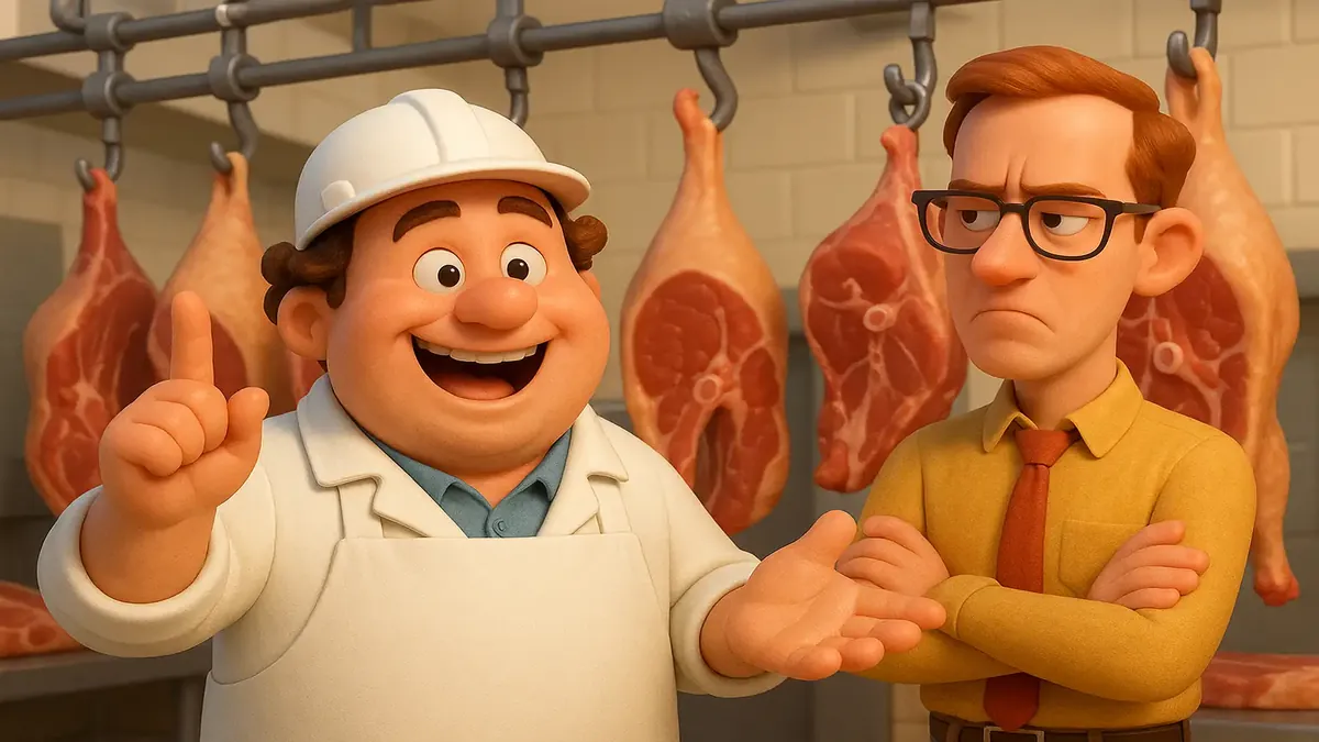 புதிய உற்பத்தி மேலாளருடன் சவால்களை எதிர்கொள்கிற இறைச்சி உற்பத்தி ஆலய மேலாளரின் கார்டூன்-3D வரைபடம்.