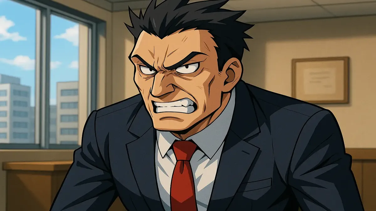 வாடிக்கையாளர்களின் குறைகளை கேட்டு வருத்தப்படுகிற ஹோட்டல் பணியாளர், அனிமே ஸ்டைலில் வரையப்பட்ட படம்.