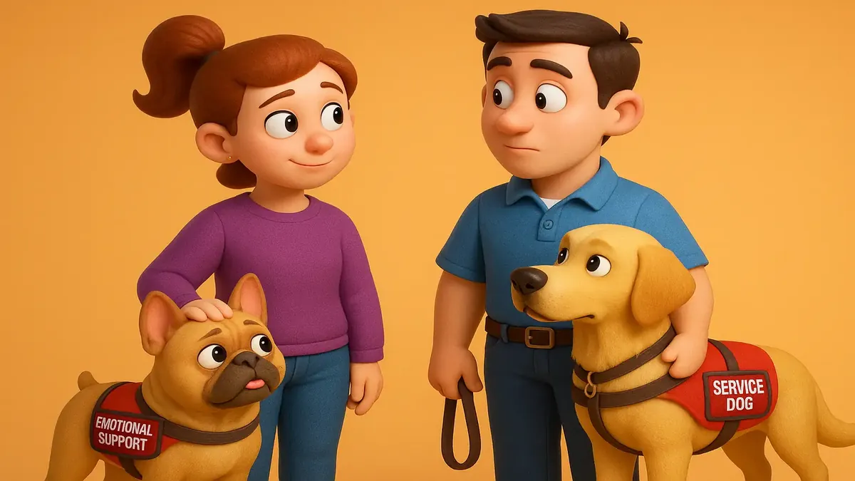 சேவையினமான ஊருக்கோபிகள் மற்றும் உணர்ச்சி ஆதரவு ஊருக்கோபிகளை மாறுபட்ட சூழல்களில் காட்டும் கார்டூன்-3D விளக்கம்.