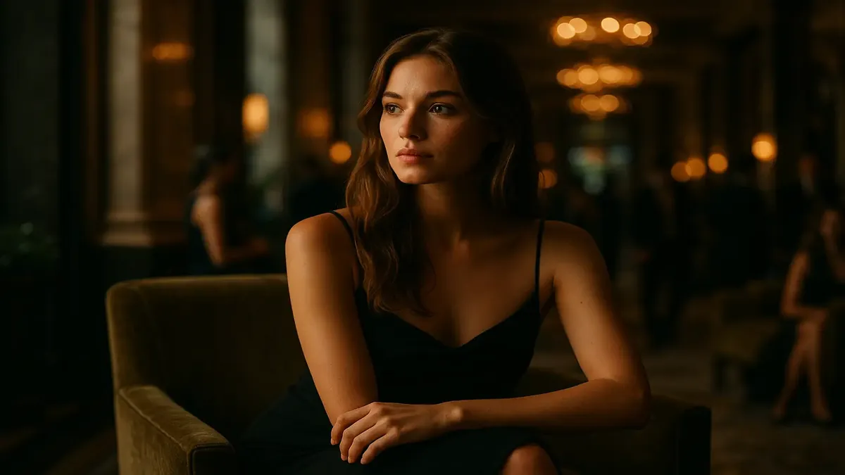 மாடல்களும் வடிவமைப்பாளர்களும் நிறைந்த ஒரு நவீன ஹோட்டலின் லாபியில், ஃபேஷன் வாரத்தில் அறிவுரை வழங்கும் இன்பிளூயென்சர்.