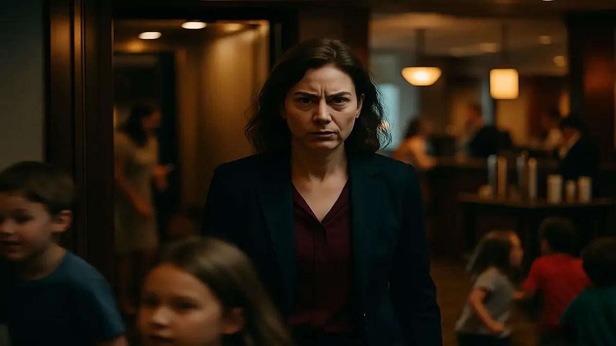 குழப்பமான காலை உணவுக்கூட்டத்தில் இருந்து வெளியே வரும் மிகுந்த மனோகாய்ச்சியில் உள்ள பெண்மணி மற்றும் பரபரப்பான ஹோட்டல் லொபி காட்சி.