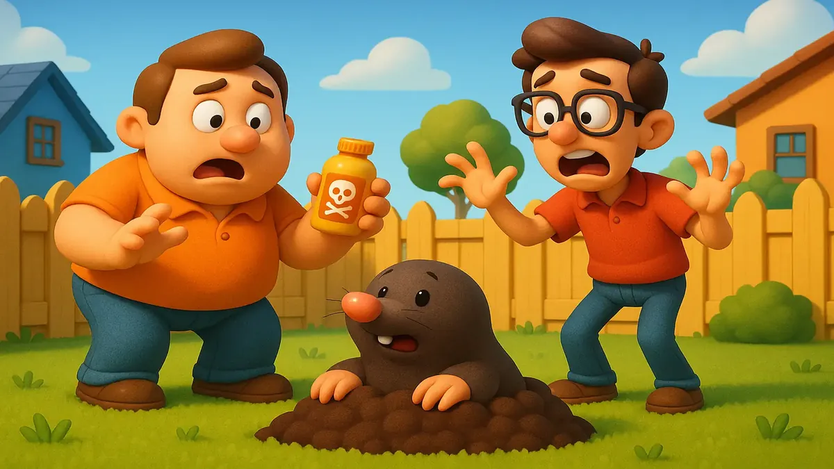 முள்காய்கள் மற்றும் விஷவியல் earthworms உடன் ஒரு மாட்டுப்பண்ணை 3D கார்ட்டூன் விளக்கம், பூச்சிகொலை நடவடிக்கை காட்டுகிறது.