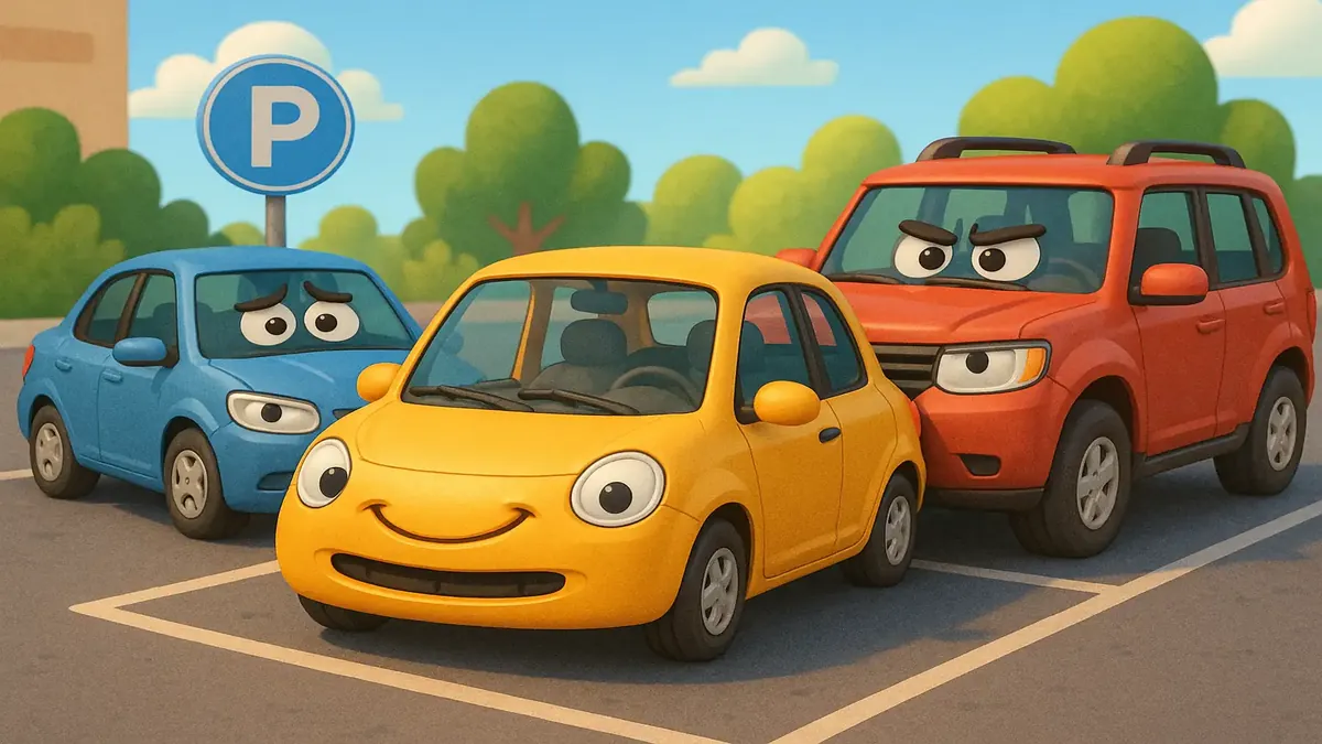 களைகட்டிய மால் பார்கிங்கில் தவறாக நிறுத்தப்பட்ட கார், மோசமான நிறுத்தும் பழக்கங்களை குறிக்கும் கார்டூன்-3D வரைபடம்.