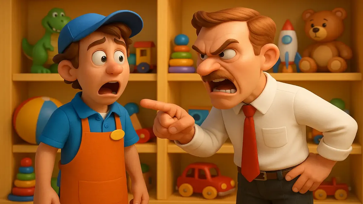 கிறிஸ்துமஸ் காலத்தில் பரபரப்பான பொம்மை கடையில் ஊழியர்கள் மற்றும் வாடிக்கையாளர்கள் குழப்பத்தில் உள்ள கார்டூன்-3D படம்.