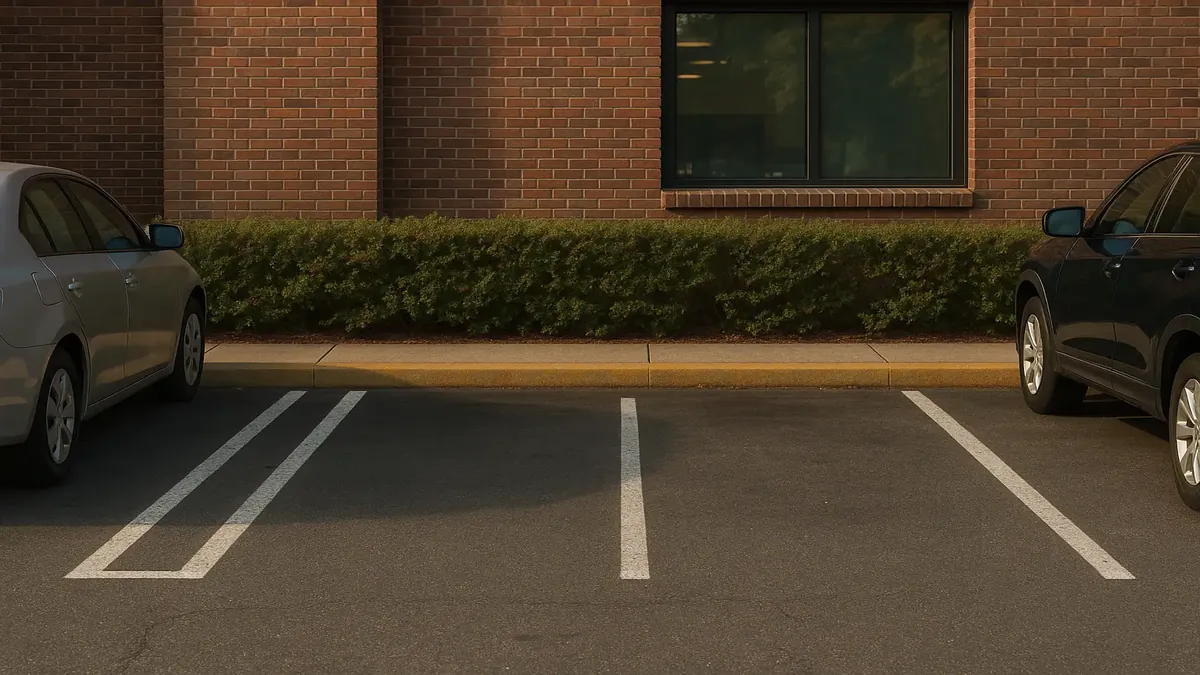 किराने की दुकान में अनोखे पार्किंग लेआउट के साथ दो उपलब्ध पार्किंग स्थान।