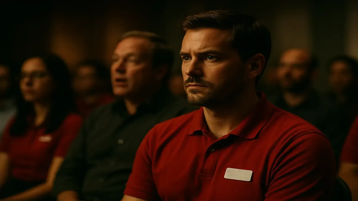 कंपयूसा में टीम मीटिंग का नेतृत्व करते हुए फ्रंट एंड मैनेजर, 2004 की तकनीकी खुदरा यादों को जीवंत करते हुए।