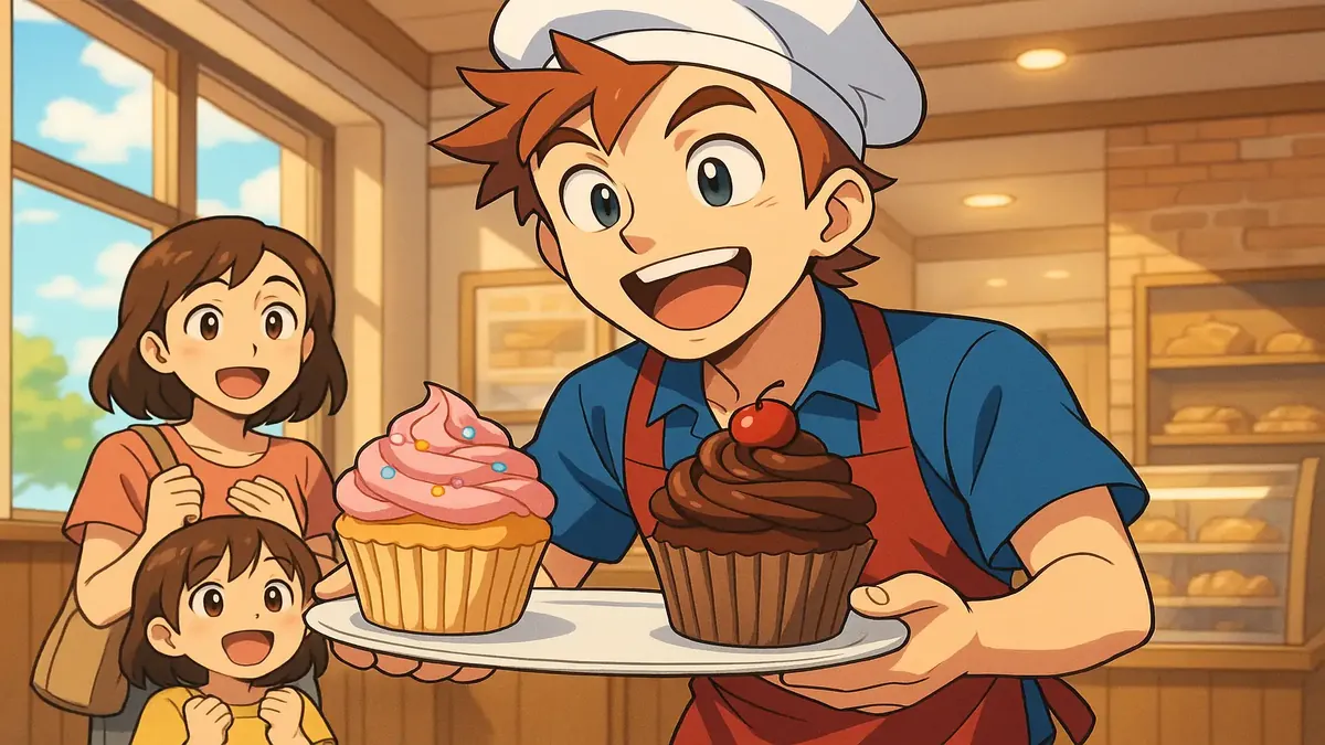 அருகிலுள்ள பேக்கரியில் இருந்து குக்கீப்பொட்டியை அனுபவிக்கும் சந்தோஷமான ஹோட்டல் விருந்தினரின் அனிமேஷன் илustration