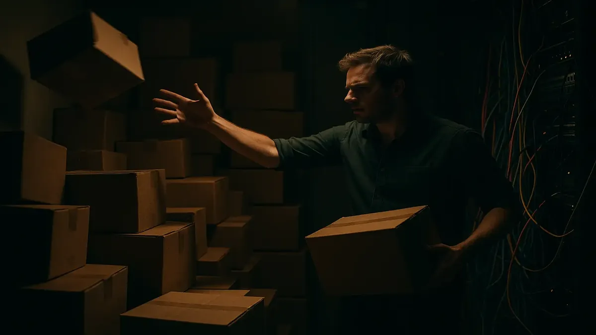 குழப்பமான தொழில்நுட்ப அலுவலகத்தில் இடம் மாற்றிய பிறகு உருவான குழப்பத்தை குறிக்கின்ற குவியலில் உள்ள பெட்டிகள்.