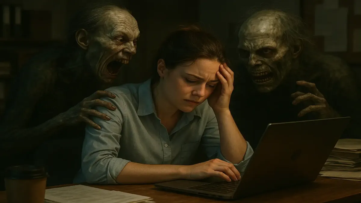 ஒரு அலுவலக சூழலின் புகைப்படம், புதிய கணக்காளர் ஆவணங்களை ஆய்வு செய்கிறார், சிரமமான சூழ்நிலை காட்டுகிறது.