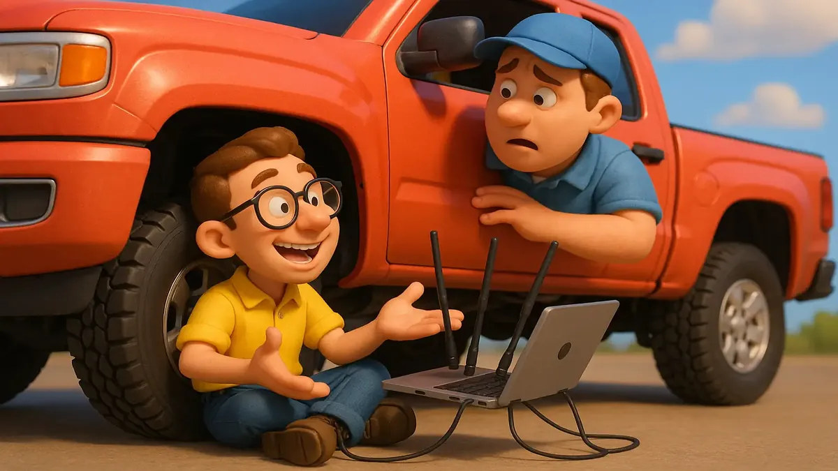 லேப்டாப்பும் அண்டென்னாக்களும் உடன் செவியின் சில்வராடோவை ஆய்வு செய்யும் நபரின் கார்டூன் வரைகலை