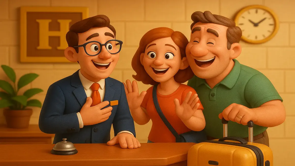 मित्रवत होटल रिसेप्शन एजेंटों का कार्टून-3डी चित्र, जो अमेरिका यात्रा के दौरान मेहमानों का स्वागत कर रहे हैं।