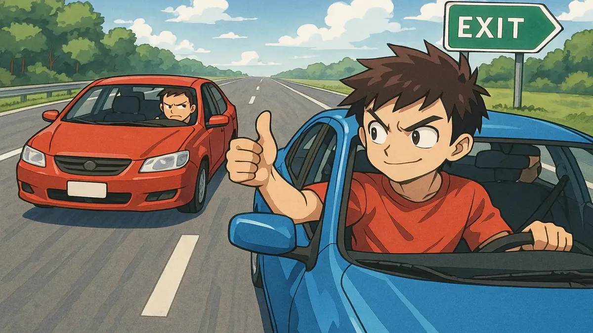 Anime illustration of a funny highway scene, capturing a comical memory of travel mishaps and laughter.