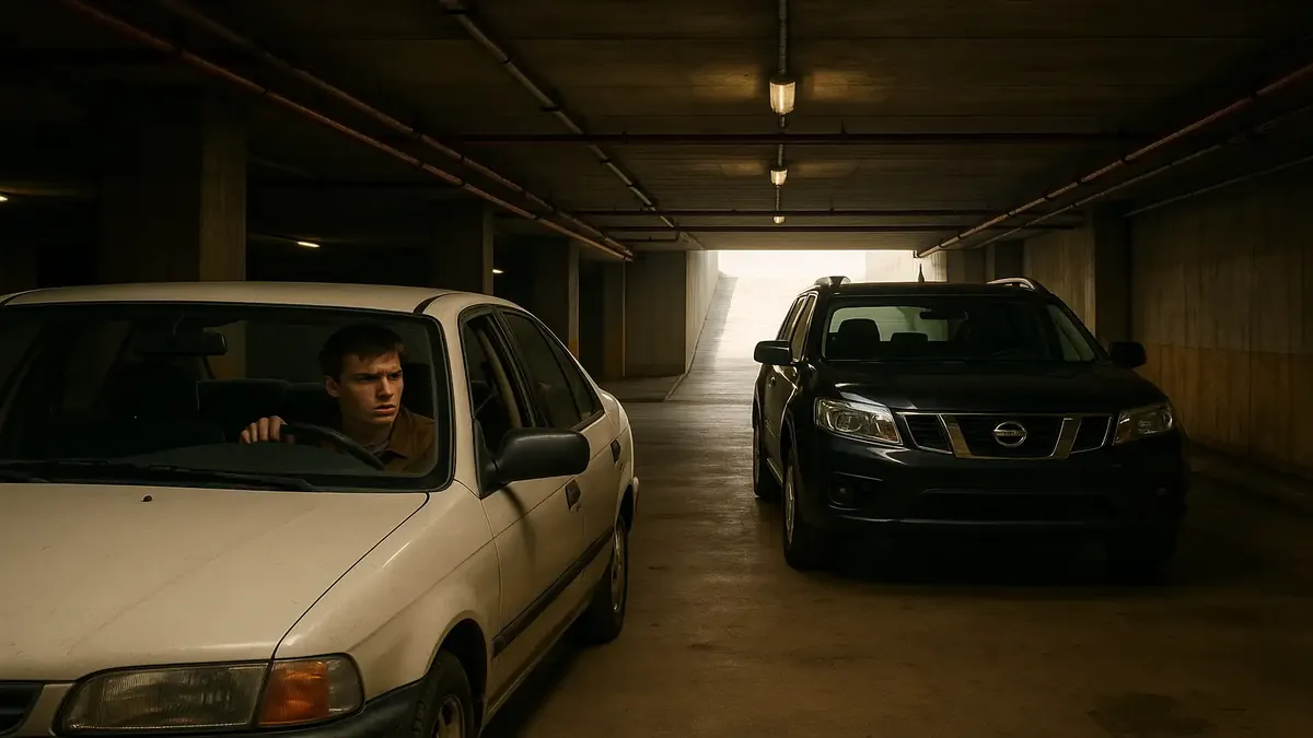 Student car in underground garage blocked by a black Nissan X-trail, capturing a moment of late morning chaos.