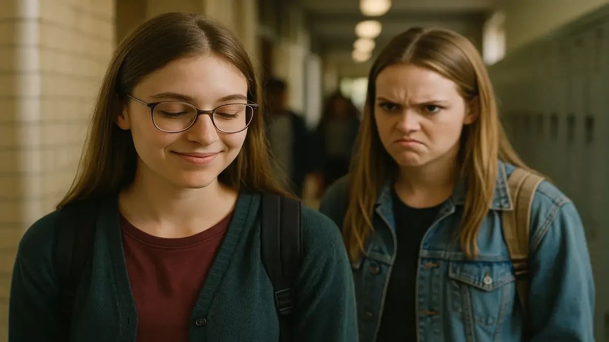 A high school girl facing bullying, illustrating the struggle of friendship and betrayal among teens.