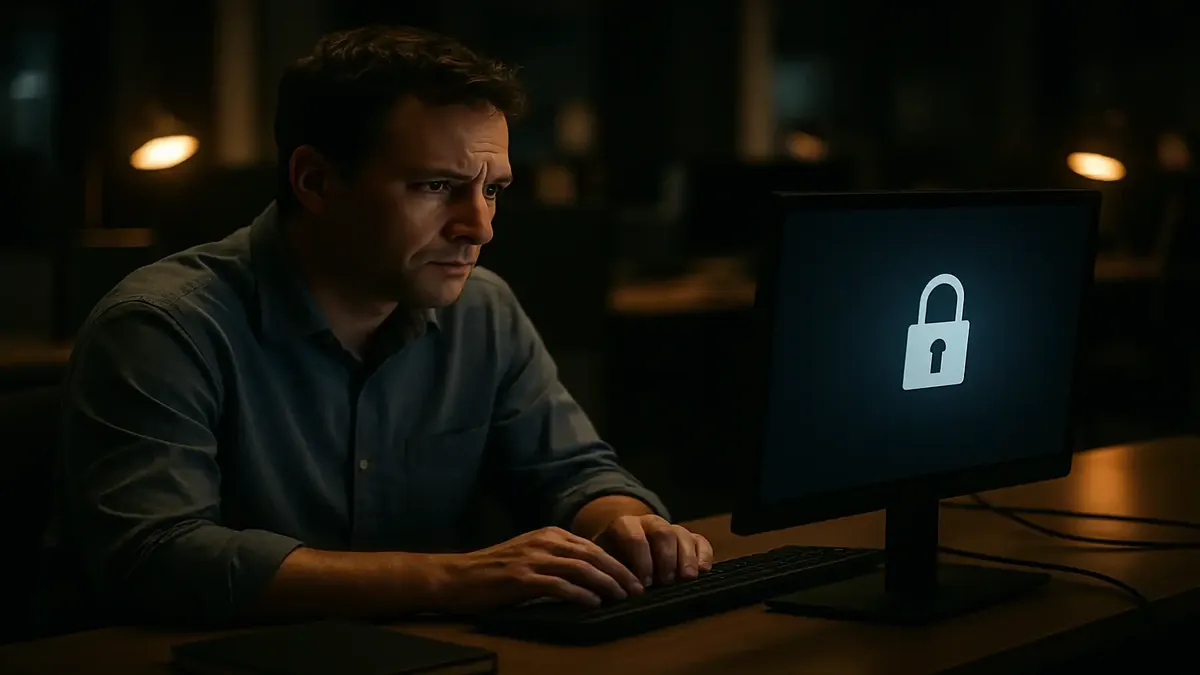 Cinematic image of a locked computer screen, emphasizing the importance of security in the workplace.