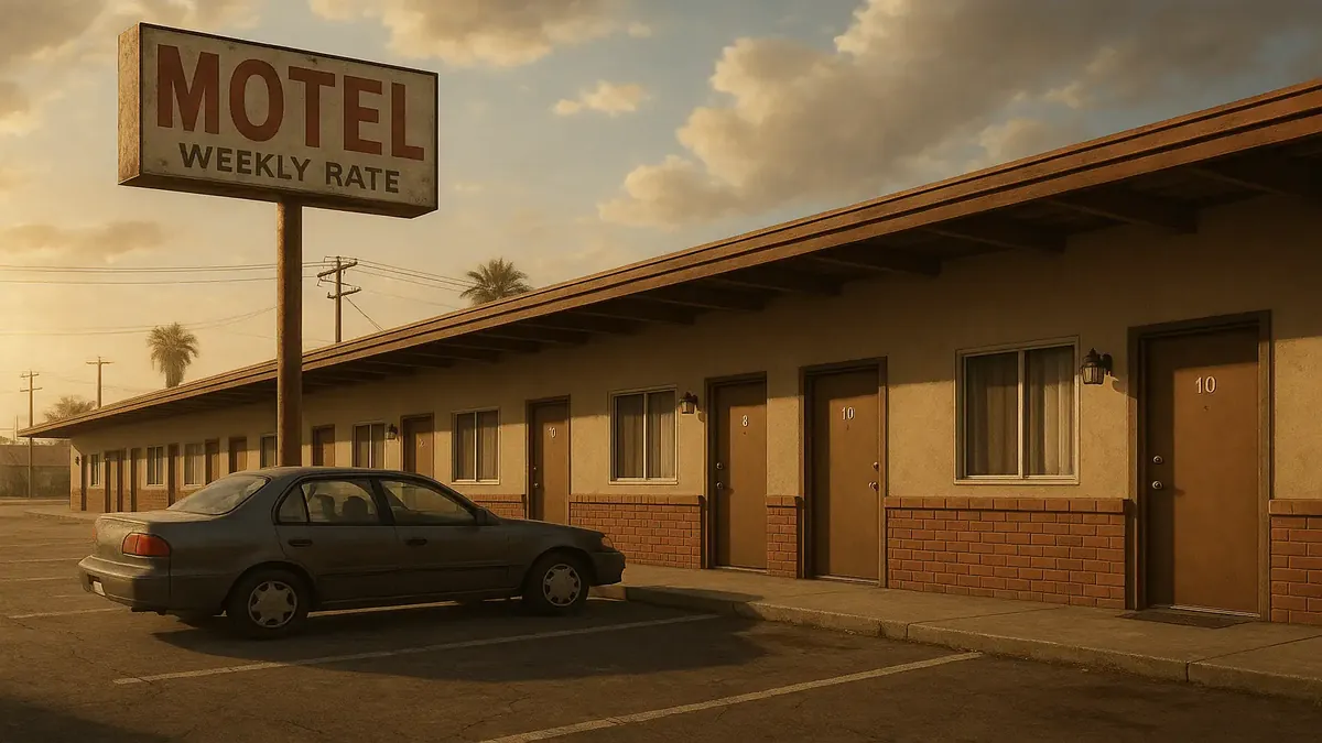 कैलिफोर्निया में नौकरी चाहने वालों के लिए स्वागतयोग्य माहौल वाले एक विस्तारित ठहराव मोटल का बाहरी दृश्य।