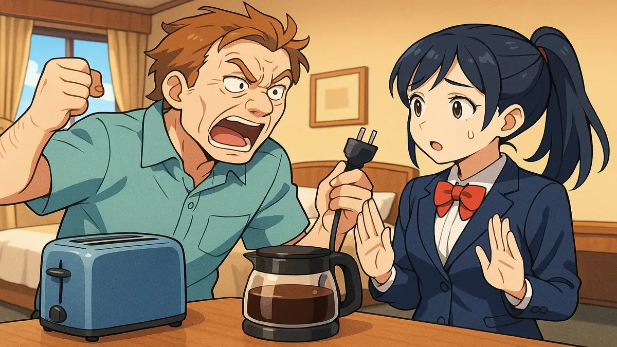 விருந்தினரின் விசித்திரமான புகார்களை கையாளும் ஓர் ஹோட்டல் ஊழியரின் அனிமே ஸ்டைல் வரைபாடு.