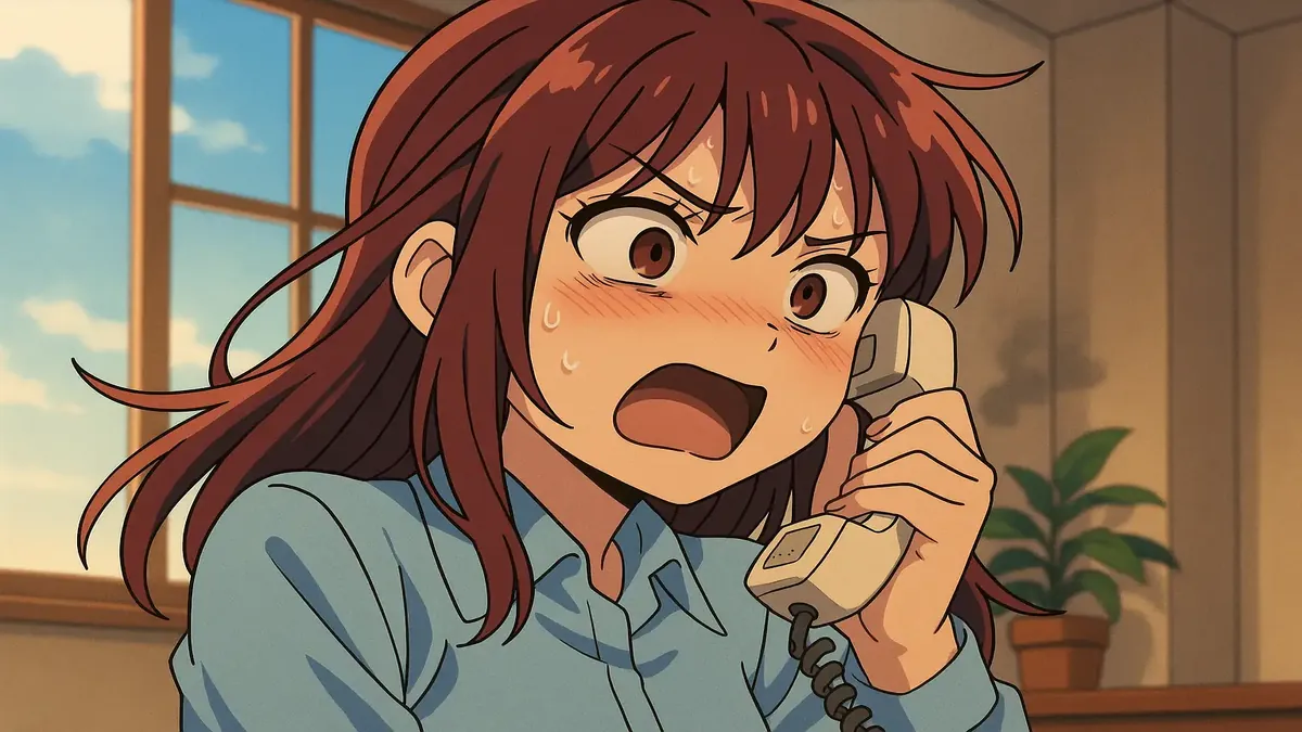 5மணிக்கு ஒரு விசித்திர தொலைபேசி அழைப்பு வாங்கும் ஒரு பெண்மணியின் அனிமேஷன் வடிவமைப்பு, அவளுக்குள் அச்சம் காணப்படுகிறது.