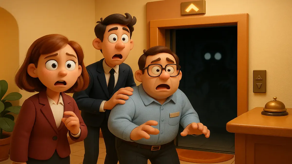 रात में रहस्यमय तरीके से अपने आप खुलता होटल का लिफ्ट, डरावना कार्टून 3D चित्रण।