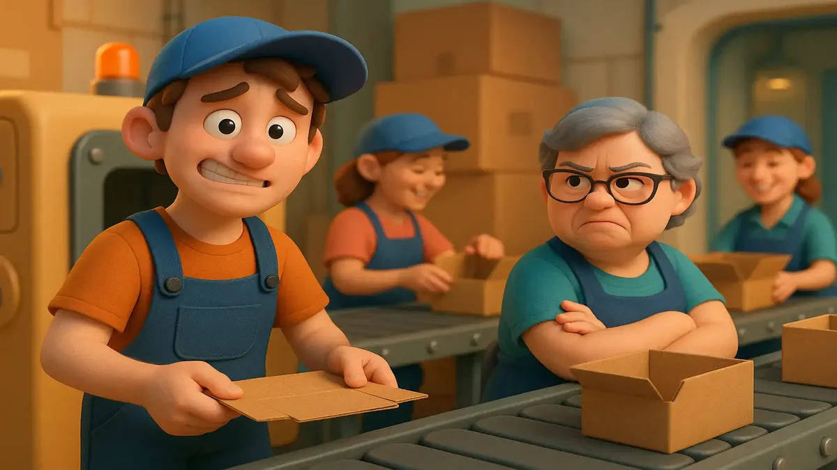Cartoon-3D illustration of a factory worker making display boxes with a conveyor belt in the background.