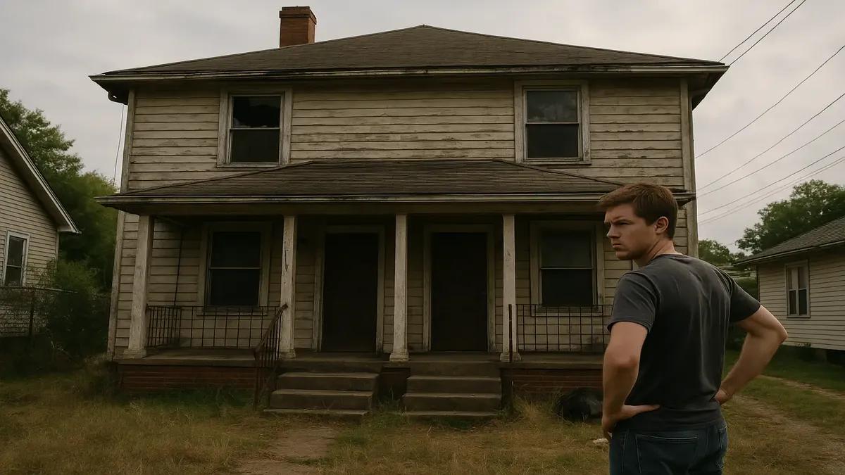 ஒரு இளம் தொழில்முறை நபர், குடியிருப்பு உரிமையாளரின் கவனக்குறைவான சொத்திக்கு வெளியே, சிரமமாக நிற்கிறார்.