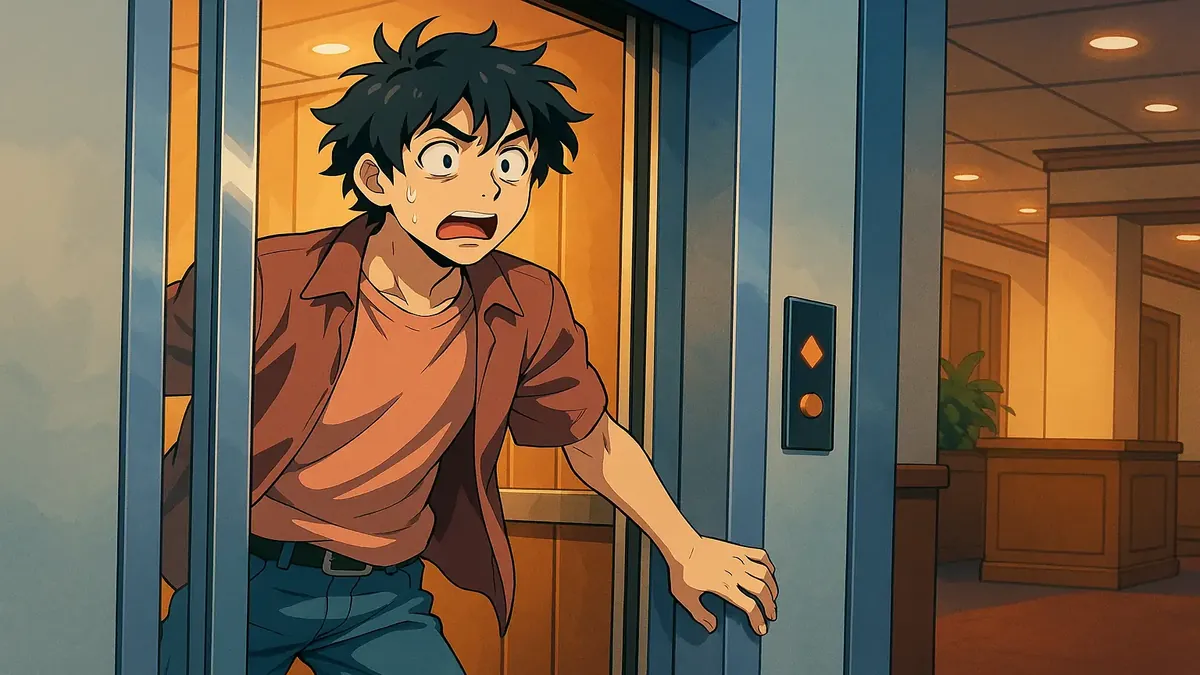 ஒரு ஹோட்டலில் கண்ணாடி லிப்ட், இரவில் ரகசியமான உணர்வுடன் மின்முகமாக ஒளிர்கிறது.