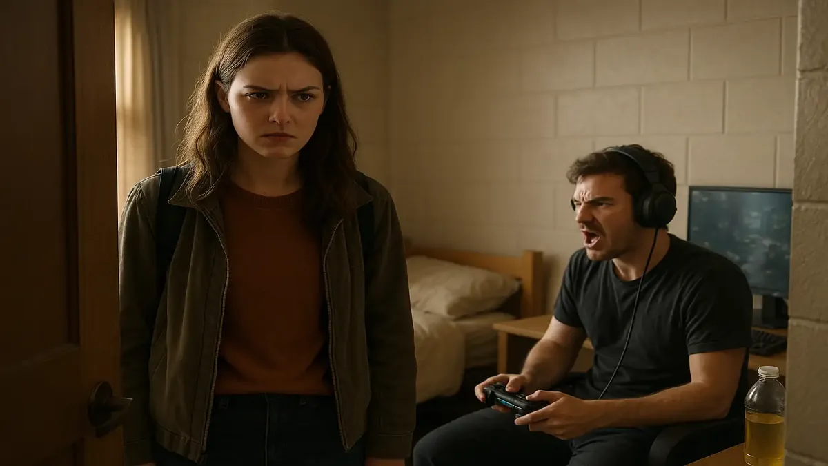 வீடியோ கேம் குழப்பம் மற்றும் காலியான பாட்டில்களைச் சுற்றியுள்ள, ஒரு விஷமமான கல்லூரி உறவுக்கான நினைவுகளில் மயங்கிய இளம் பெண்மணி.