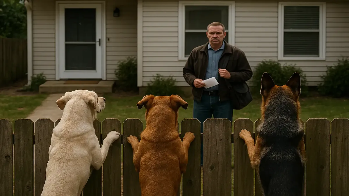கவலைக்கிடந்த உரிமையாளருடன் கட்டுப்பாட்டில் உள்ள மூன்று நன்கு பயிற்சியடைந்த நாய்கள், அடுத்த வீட்டின் கோபமான நாய்களை காட்டுகிறது.