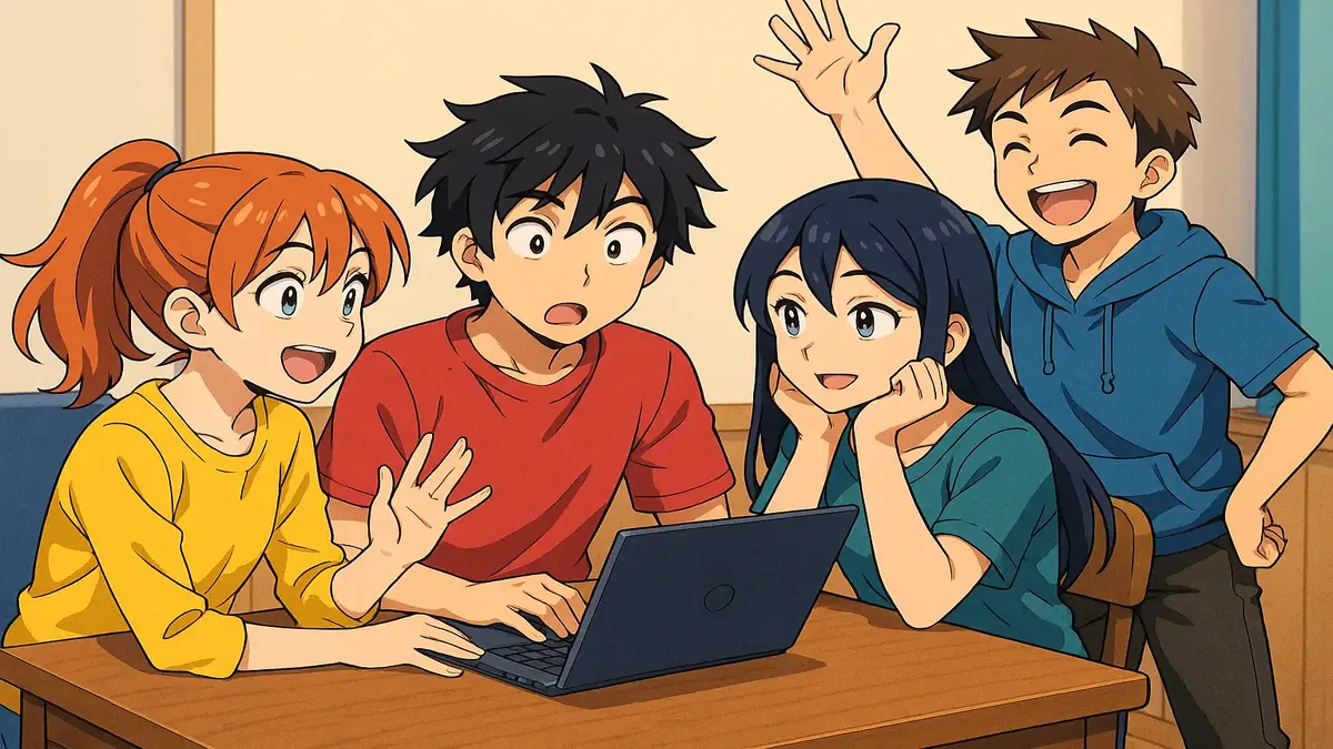 Anime-style illustration of a lively chat scene, inviting discussion in a free-for-all thread.