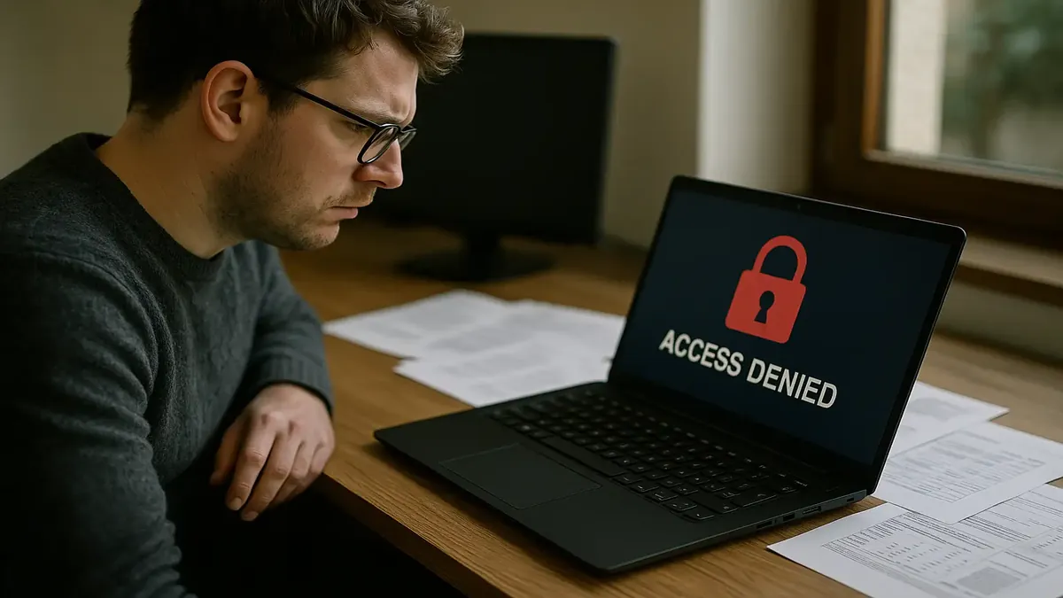 Person looking frustrated at a computer, representing loss of admin access in software management.