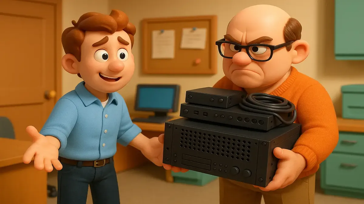 Cartoon-style illustration of a remote worker frustrated with equipment return and project handover.