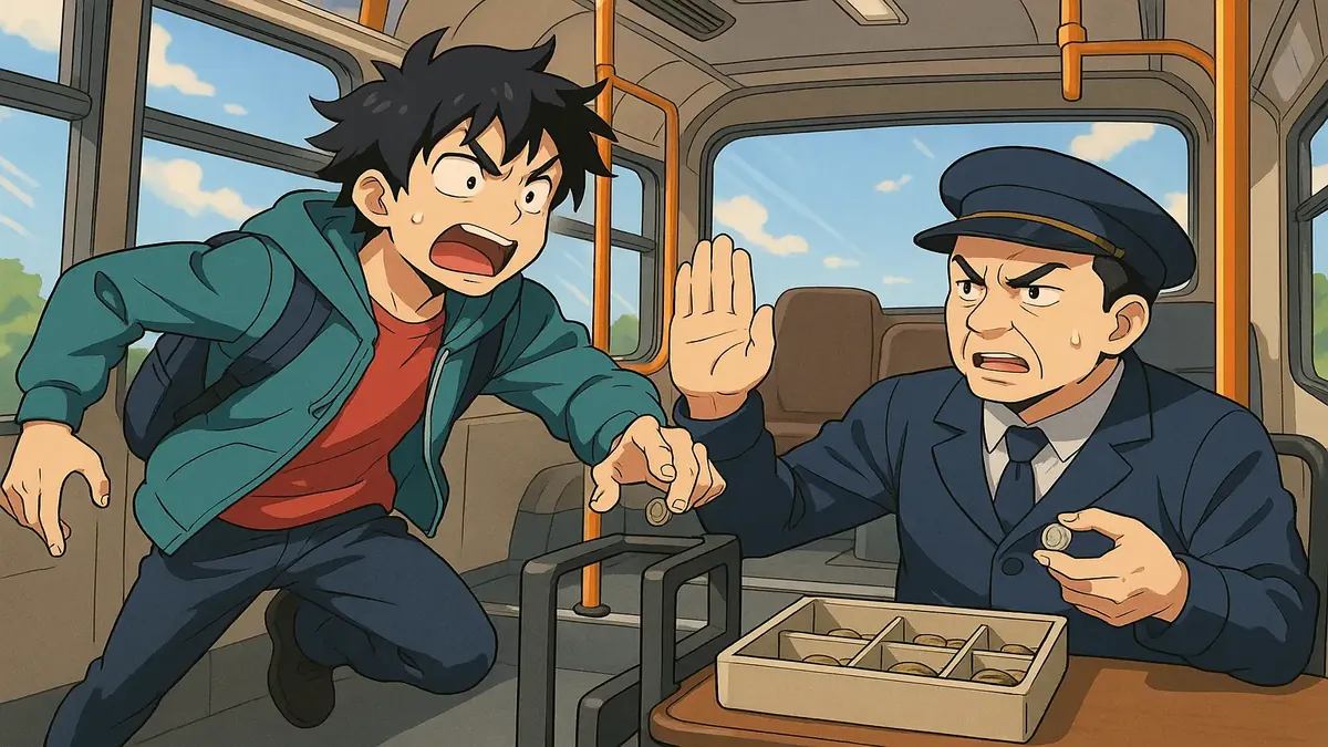 Anime illustration of a bus fare collector and a confused passenger holding a coin, highlighting a humorous moment.