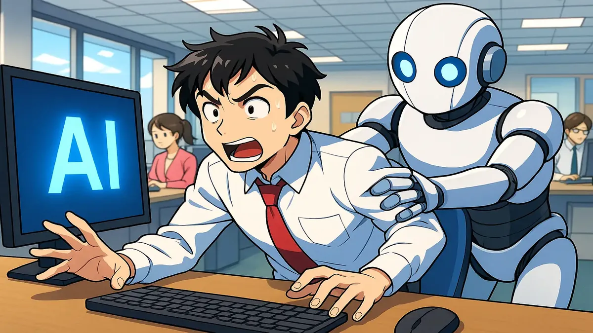 Anime illustration depicting a company team overwhelmed by technology, reflecting the blog's theme of digital reliance.