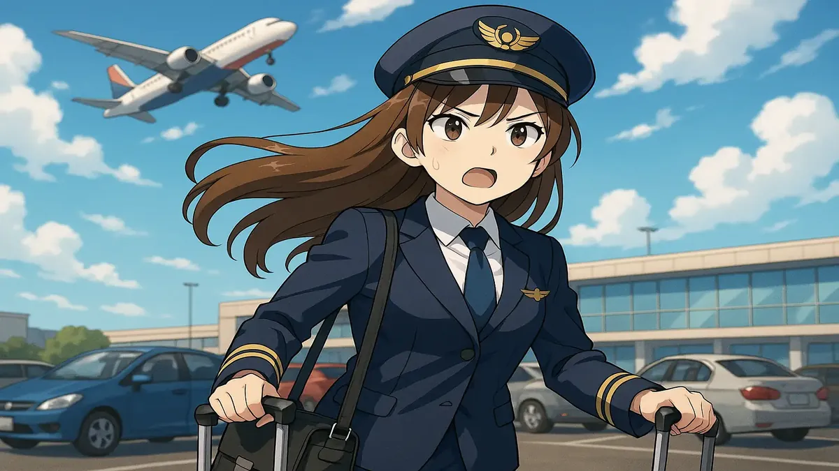 Anime-style illustration of an airline employee pondering parking options for commuting to work.