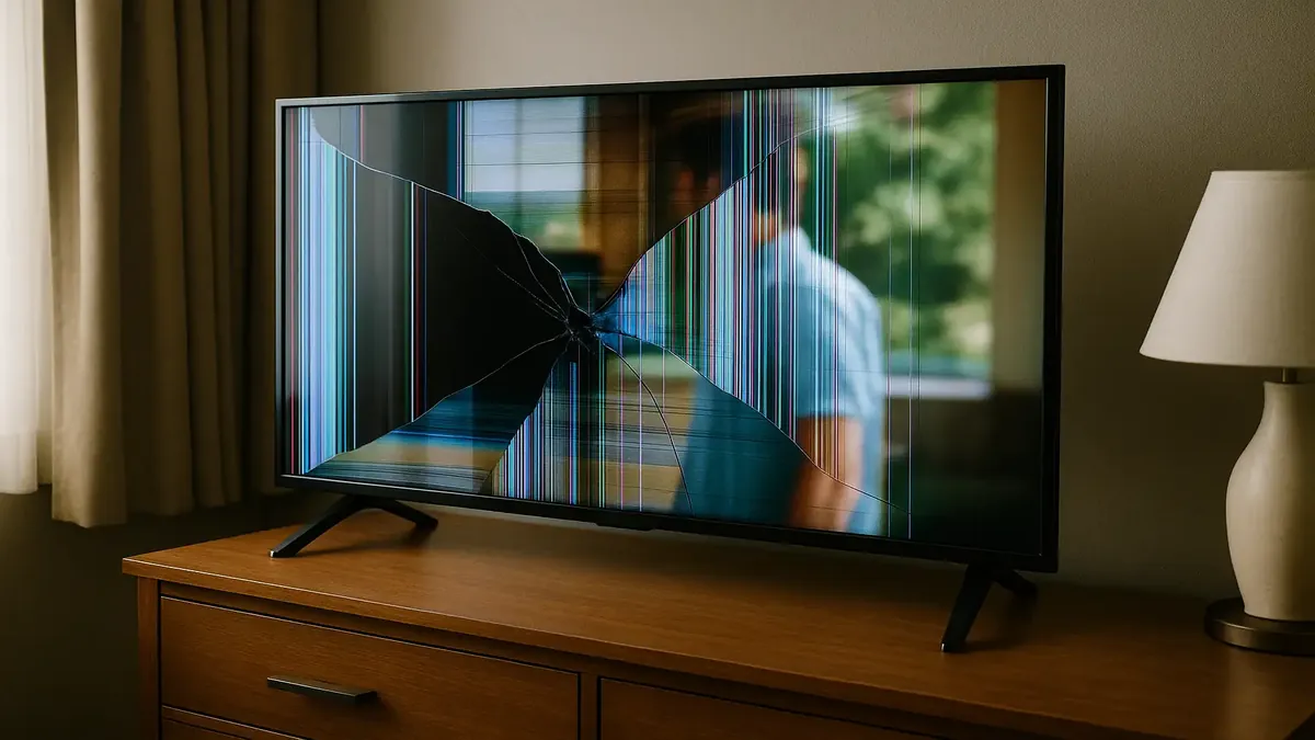 Damaged TV with a black crack in the screen, highlighting the consequences of guest negligence.