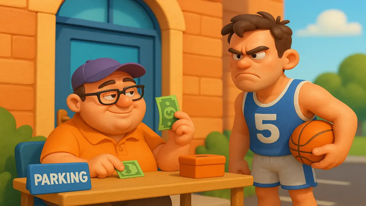 Cartoon-3D image of a gym parking lot with signs about parking fees and sports teams discussing payment.