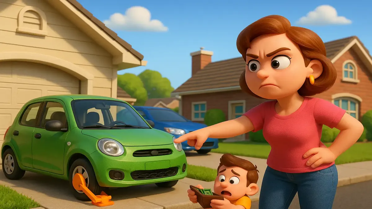 Cartoon 3D illustration of a driveway dispute between neighbors over parking space in a cul-de-sac.
