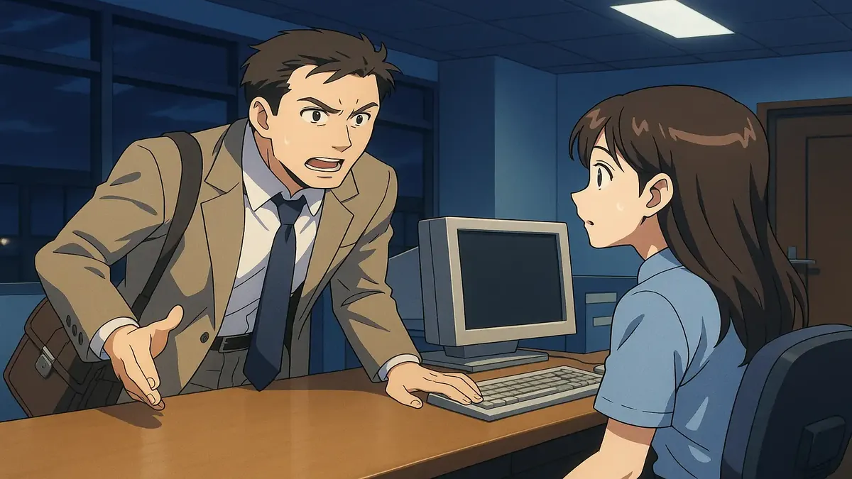 Anime-style illustration of a man at a reception desk claiming to be from the Pentagon at night.