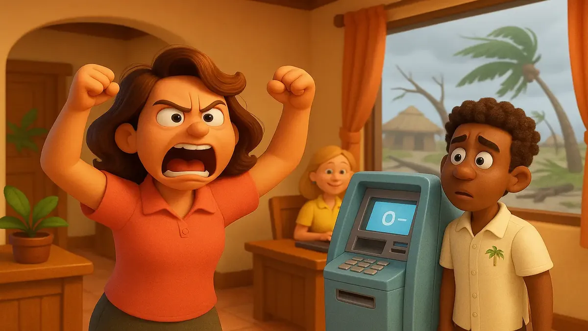 Cartoon-3D illustration of travel agents frustrated by an empty ATM after a hurricane disaster at a luxury resort.