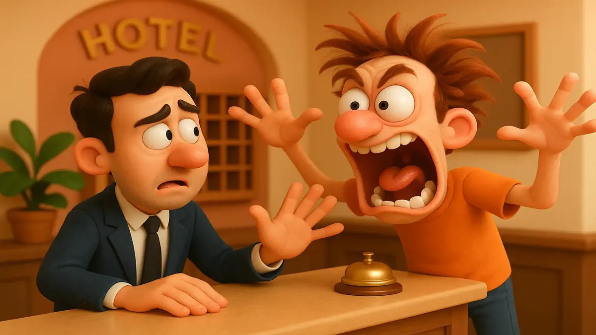 Cartoon-3D illustration showing outrageous late-night antics in a bustling hotel front desk scene.