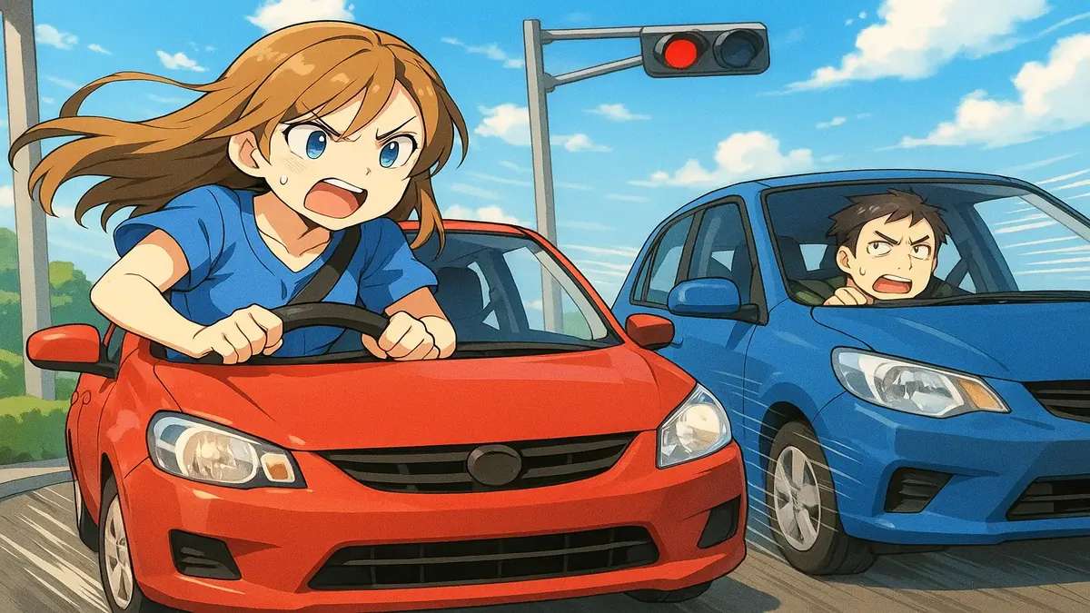 Anime illustration of a frustrated driver waiting at a traffic light, highlighting the issue of 'rat-runners'.
