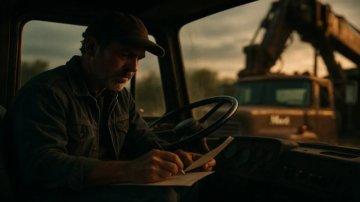 Cinematic view of a twin stick R model Mack boom truck showcasing its size and wide turning radius.